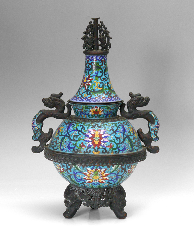 Appraisal: CHINESE CLOISONNE DOUBLE HANDLED CENSER Lid with cast figural dragon