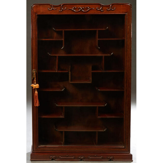 Appraisal: Chinese Carved Mahogany Hanging Etagere Wall Cabinet th c the