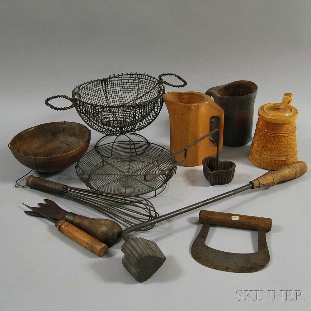 Appraisal: Group of Domestic Items including a red-painted turned treen bowl