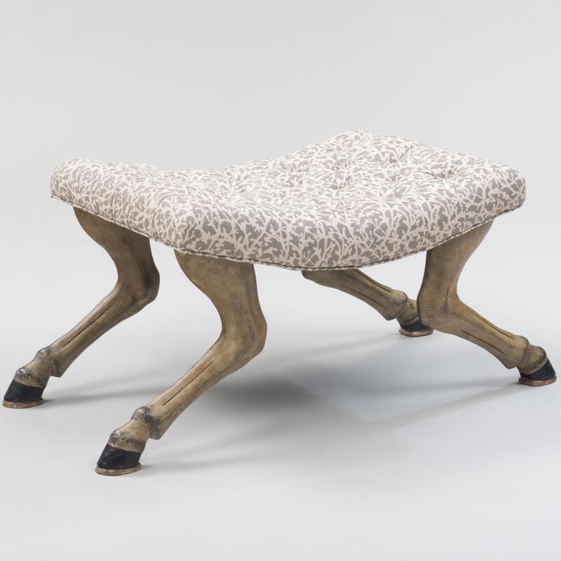 Appraisal: Carved and Painted Tufted Upholstered Curved Stool On horses legs