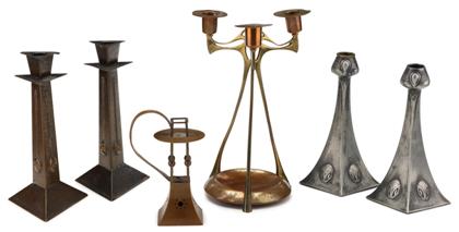 Appraisal: Group of six Arts and Crafts and Art Nouveau candlestickscirca