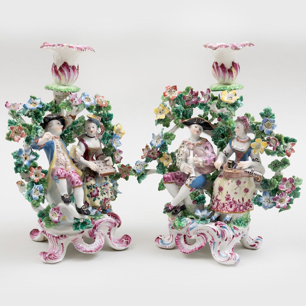 Appraisal: Pair of Early English Porcelain Bocage Candlesticks of Musicians in