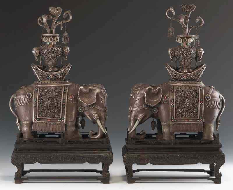 Appraisal: Pr Chinese-Mongolian jade inlaid silver elephantcensers studded with coral lapis