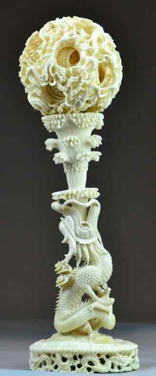 Appraisal: Monumental Chinese Carved Ivory Puzzle Ball On StaThe ball carved