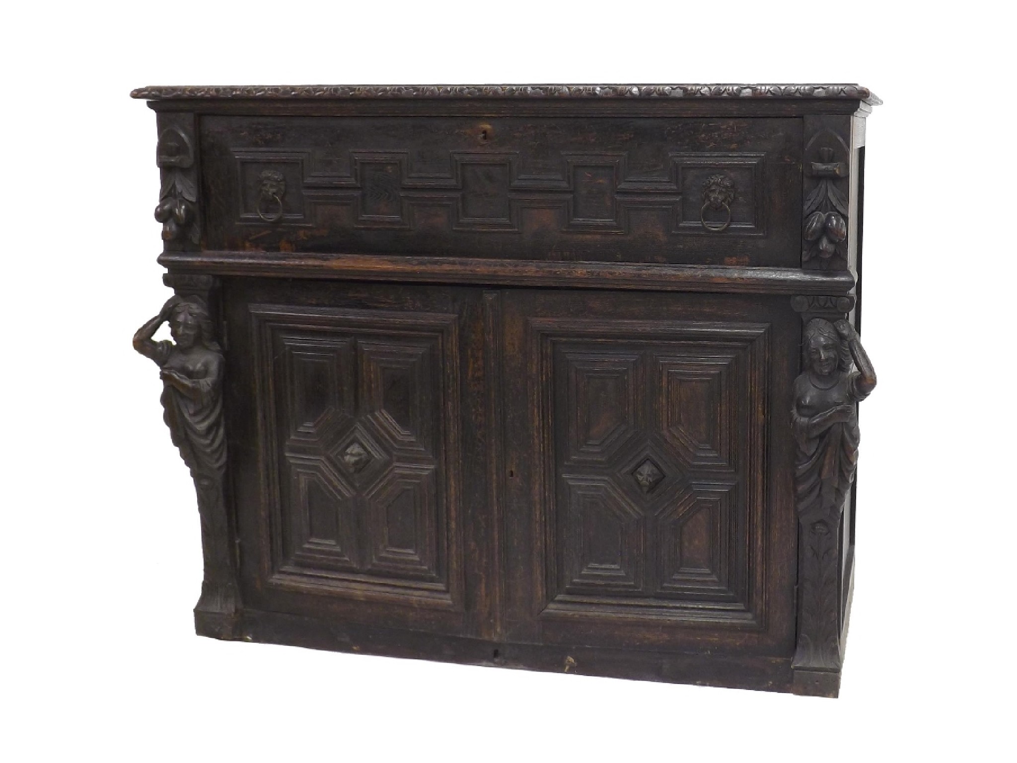 Appraisal: Antique Flemish oak secretaire chest the fall-front enclosing a fitted