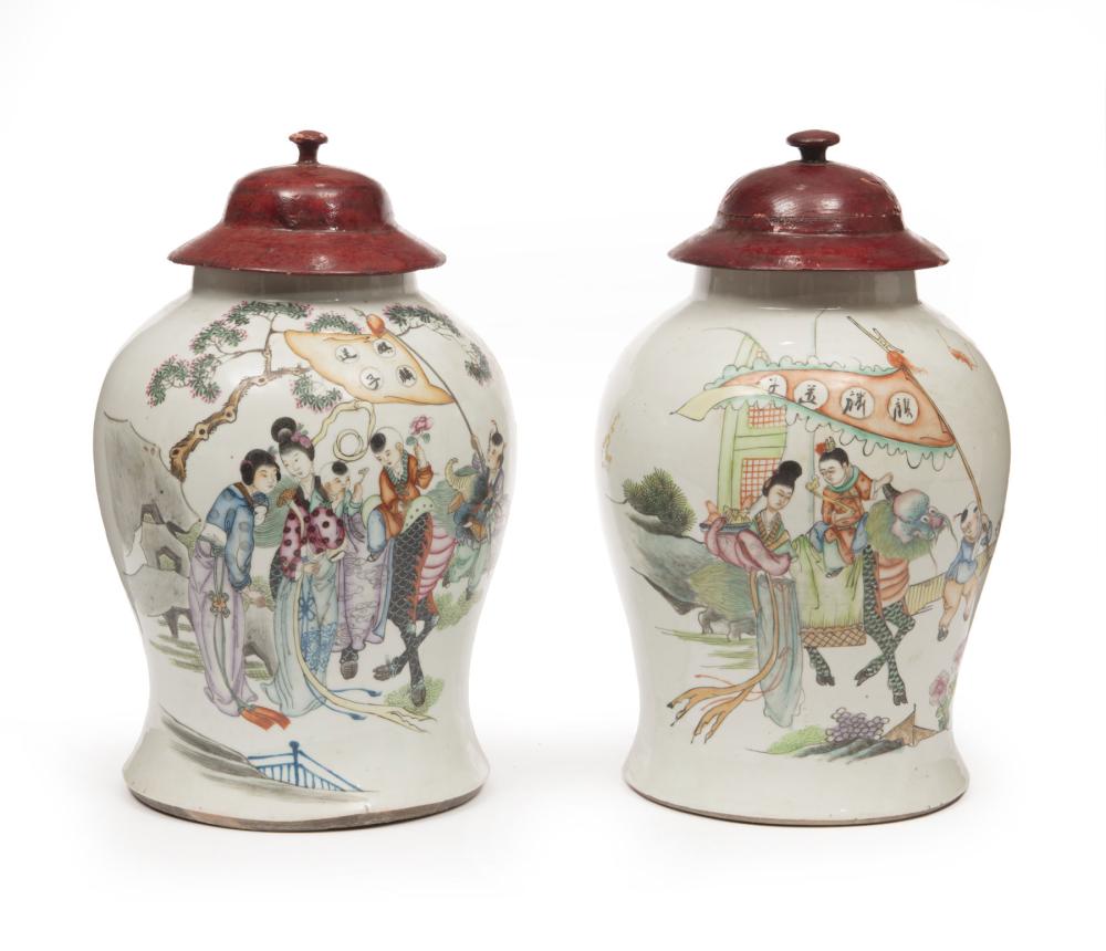 Appraisal: Pair of Chinese Famille Rose Porcelain Jars th c decorated