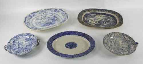 Appraisal: Two blue and white Italian pattern hot water dishes and