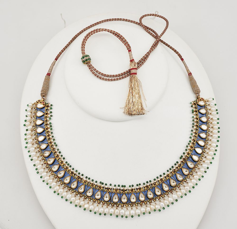 Appraisal: Indian Mughal necklace enameled k gold clad with pearl fringe