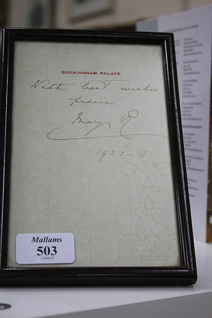 Appraisal: A SIGNED NOTE FROM QUEEN MARY hand written on Buckingham