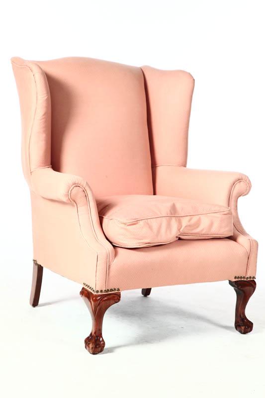 Appraisal: CHIPPENDALE-STYLE WING CHAIR American th century mahogany Shaped back and