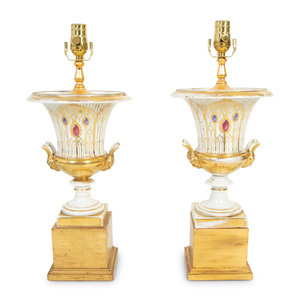 Appraisal: A Pair of Paris Porcelain Urns Mounted as Lamps LATE