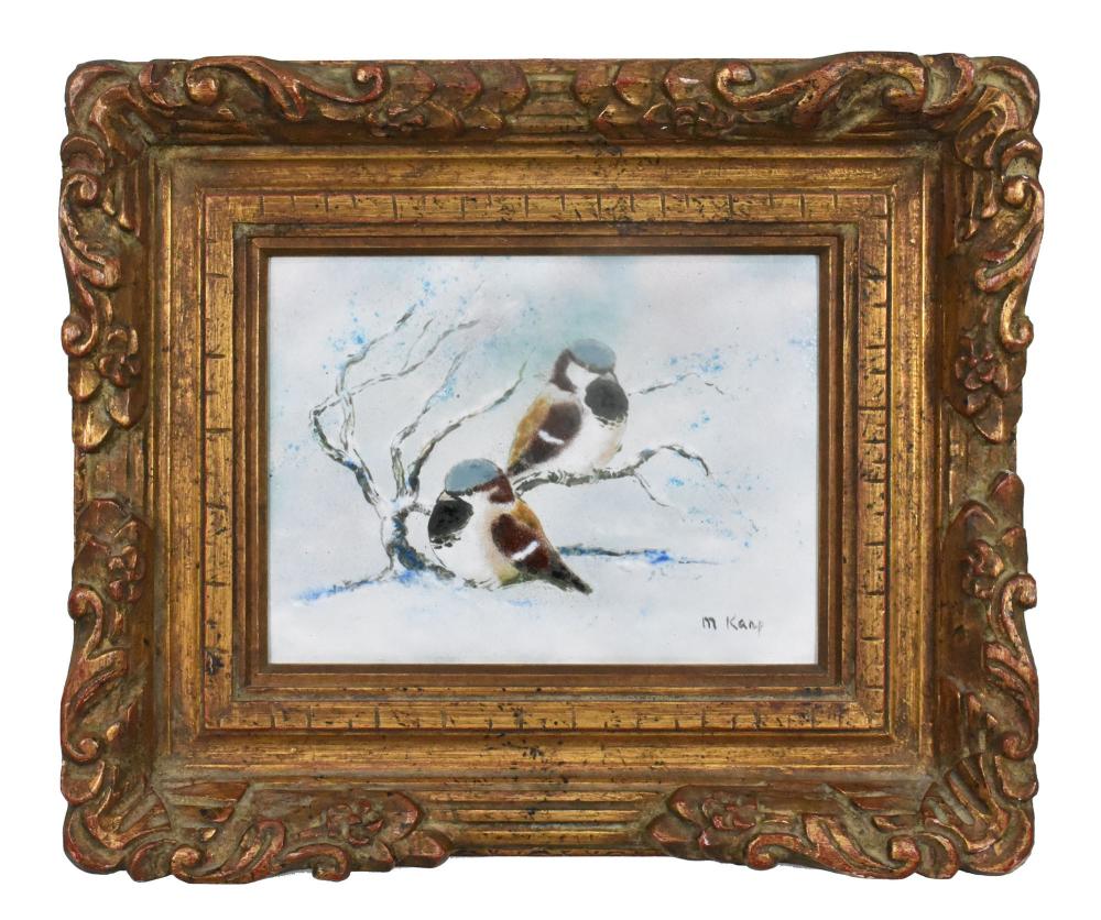 Appraisal: BIRDS ON A SNOWY BRANCH signed M Karp enamel on