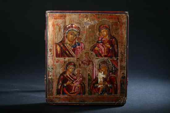 Appraisal: RUSSIAN QUADRIPARTITE ICON MOTHER OF GOD th century Tempera gesso