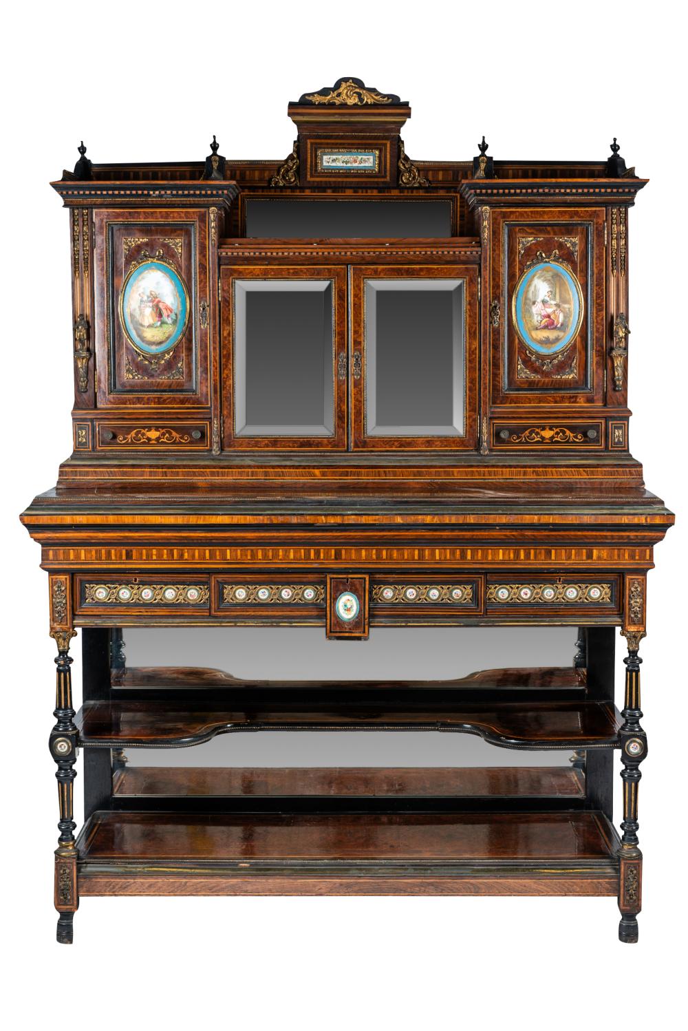 Appraisal: FRENCH PORCELAIN-MOUNTED BUREAU CABINET th century mixed woods with marquetry