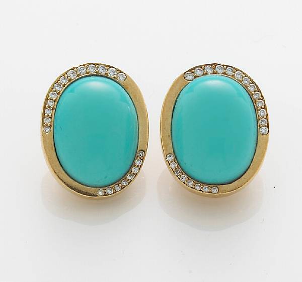 Appraisal: A pair of turquoise and diamond ear-clips Angela Cummings Tiffany