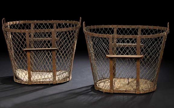 Appraisal: Pair of French Chain-Link and Strap-Metal Hotel Laundry Baskets ca