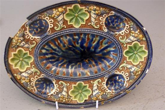 Appraisal: Continental Majolica pottery oval pedestal dish with moulded foliate and