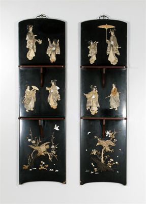 Appraisal: A pair of Japanese black lacquer hanging wall shelves inset