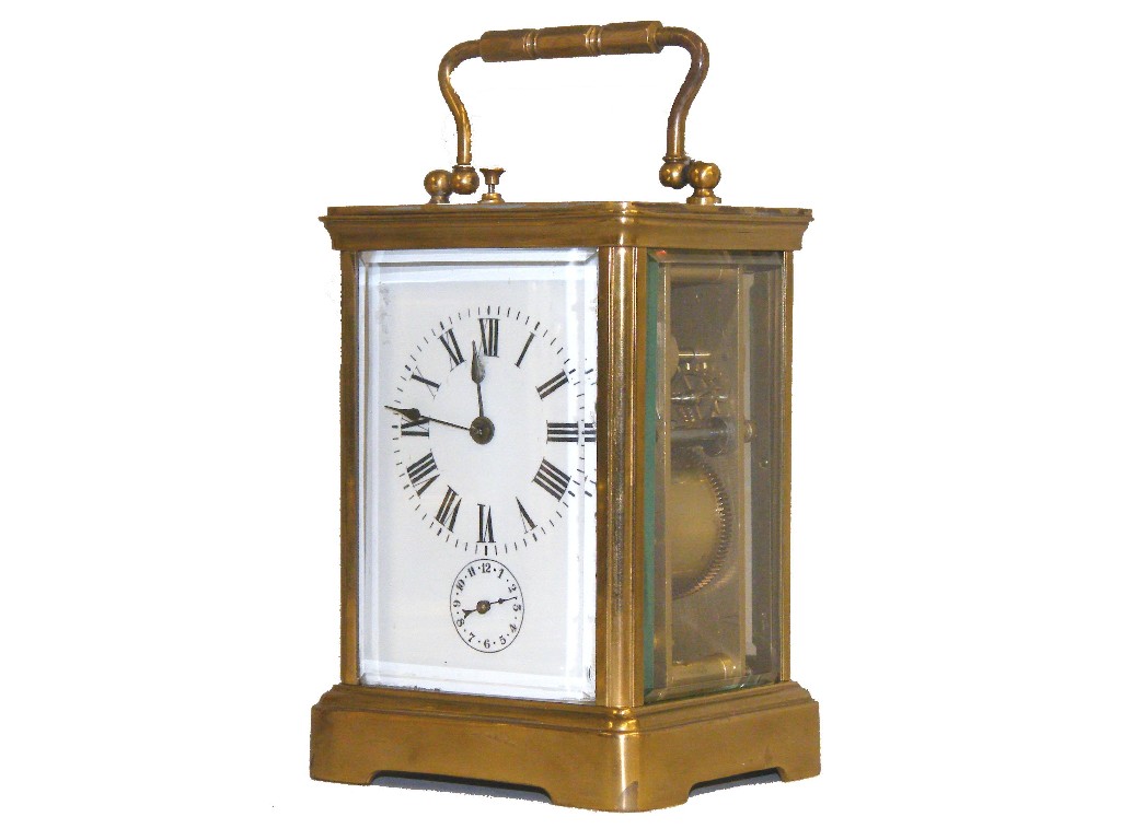 Appraisal: French repeater alarm carriage clock striking on a gong within