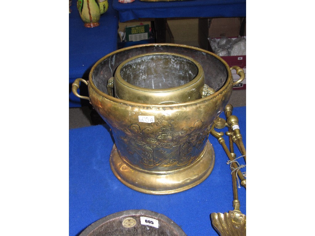 Appraisal: Brass coal bucket and a Chinese brass planter