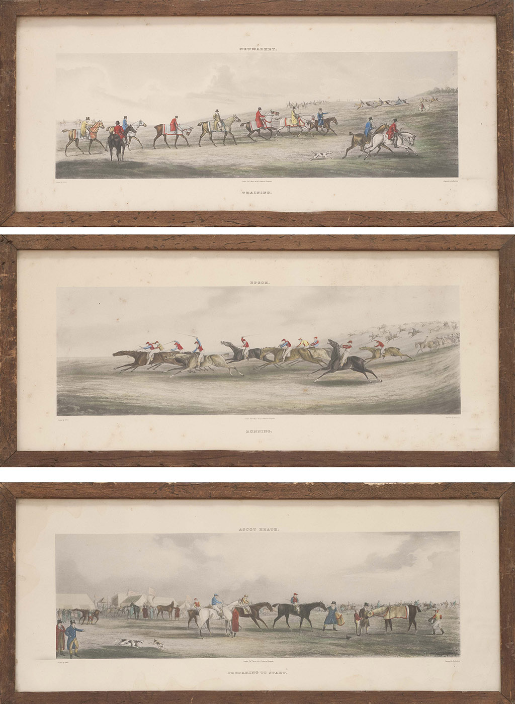 Appraisal: THREE FRAMED ENGLISH HAND-COLORED HORSE RACING LITHOGRAPHS Published by L