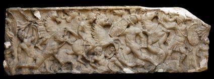 Appraisal: CARVED MARBLE SARCOPHAGUS FRONT AFTER THE ANTIQUE Relief carved with