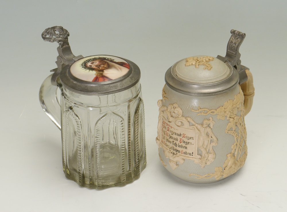 Appraisal: METTLACH RELIEF STEIN GLASS STEIN pieces to include liter Mettlach