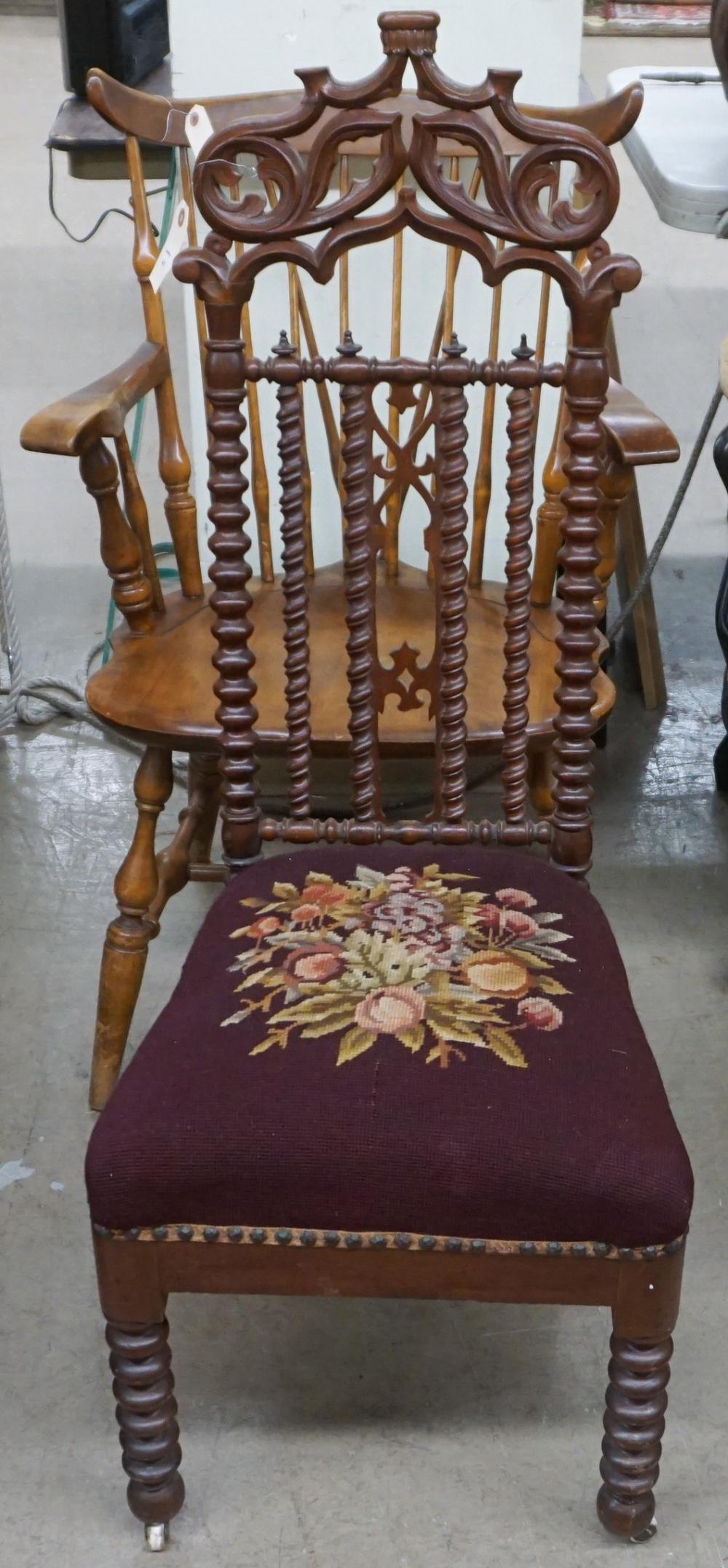 Appraisal: VICTORIAN GOTHIC REVIVAL CARVED MAHOGANY AND NEEDLE UPHOLSTERED SEAT SIDE