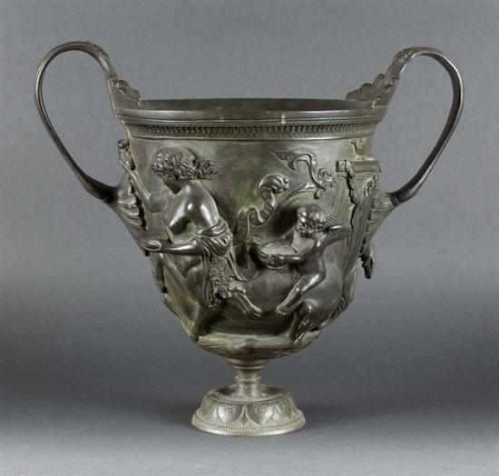 Appraisal: Classical style patinated relief decorated bronze two-handled urn second half-