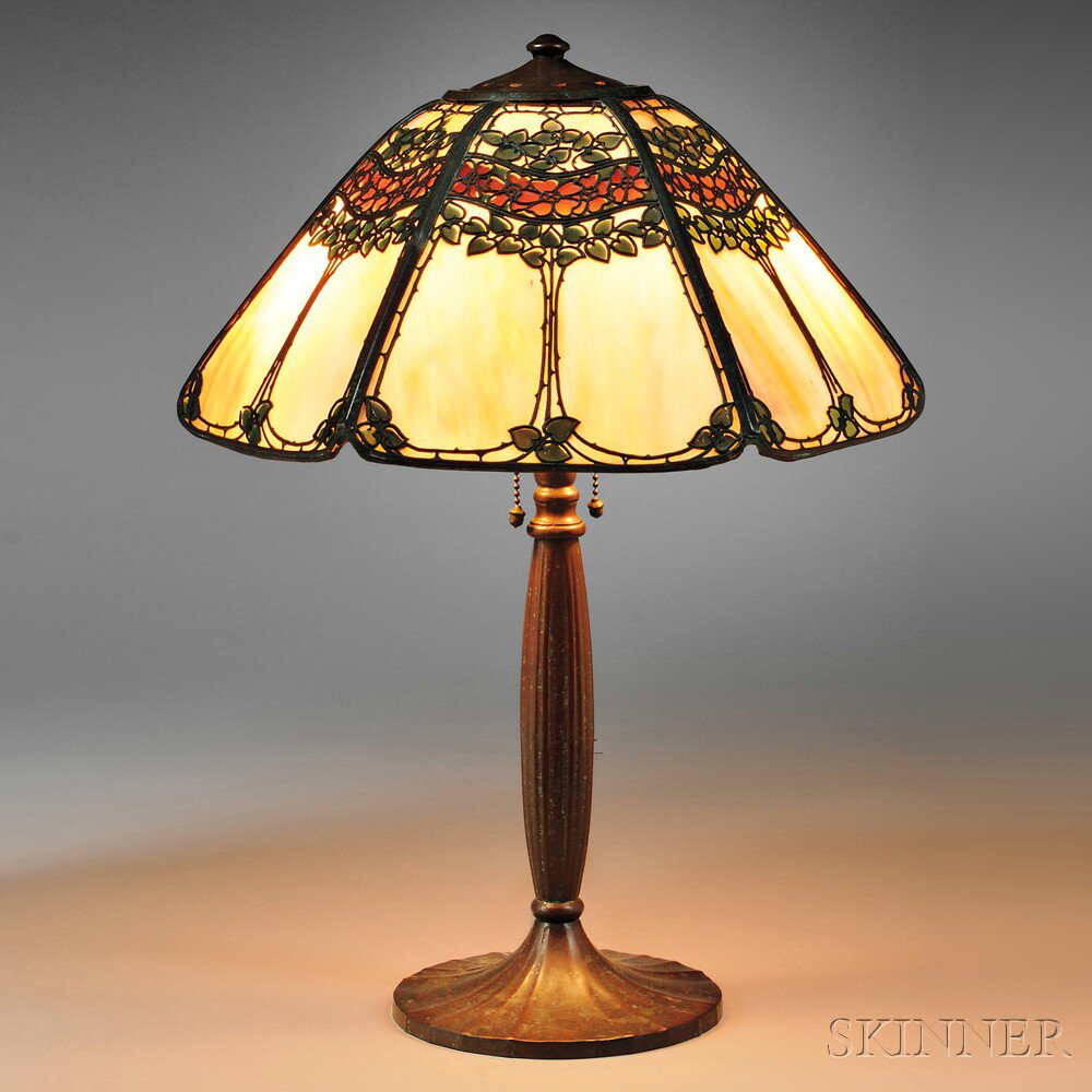 Appraisal: Metal Overlay Table Lamp Attributed to Handel Hexagonal metal overlay