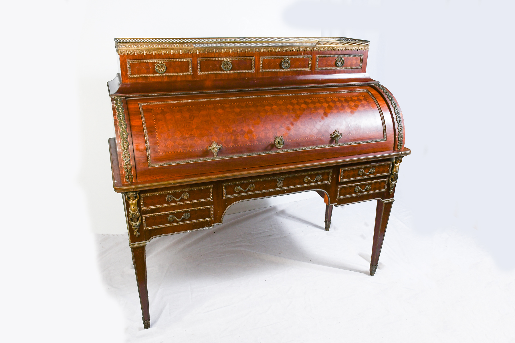 Appraisal: EARLY TH C CYLINDER ROLL TOP DESK Parquetry inlaid roll