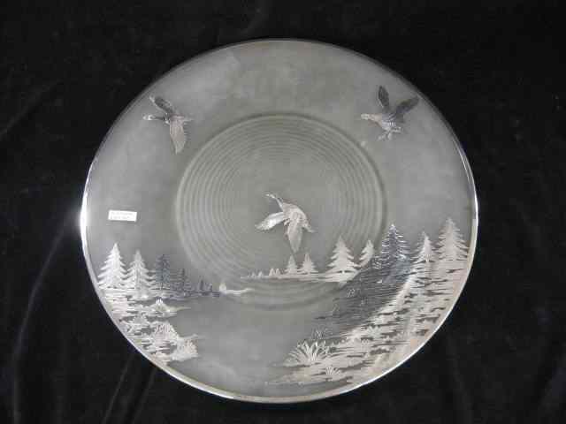 Appraisal: Silver Overlay Glass Tray Geese in flight satin glass ''