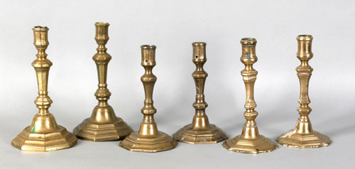 Appraisal: Three pair of French brass candlesticks late th c