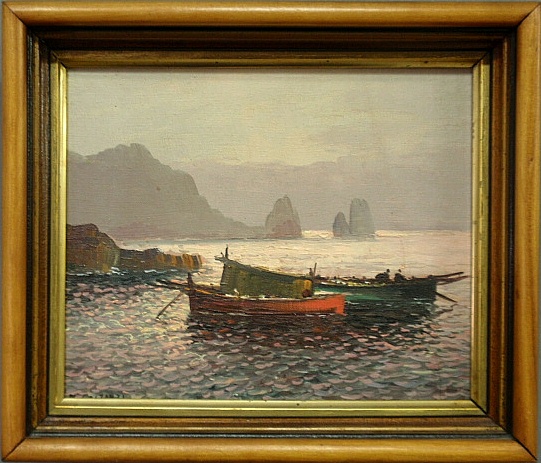 Appraisal: - Oil on canvas painting of anchored fishing boats signed