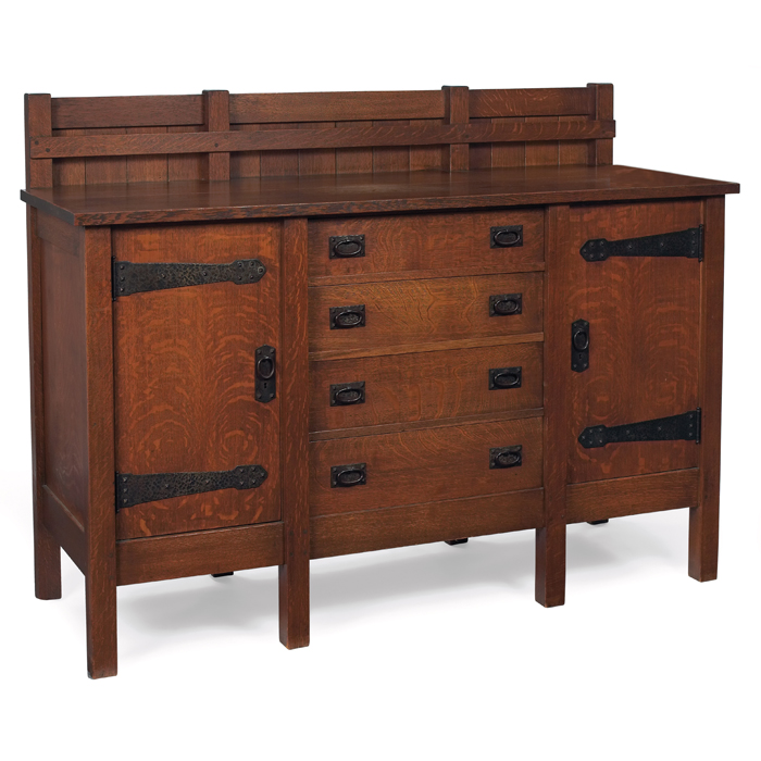 Appraisal: Good Gustav Stickley sideboard massive eight-leg form four drawers flanked