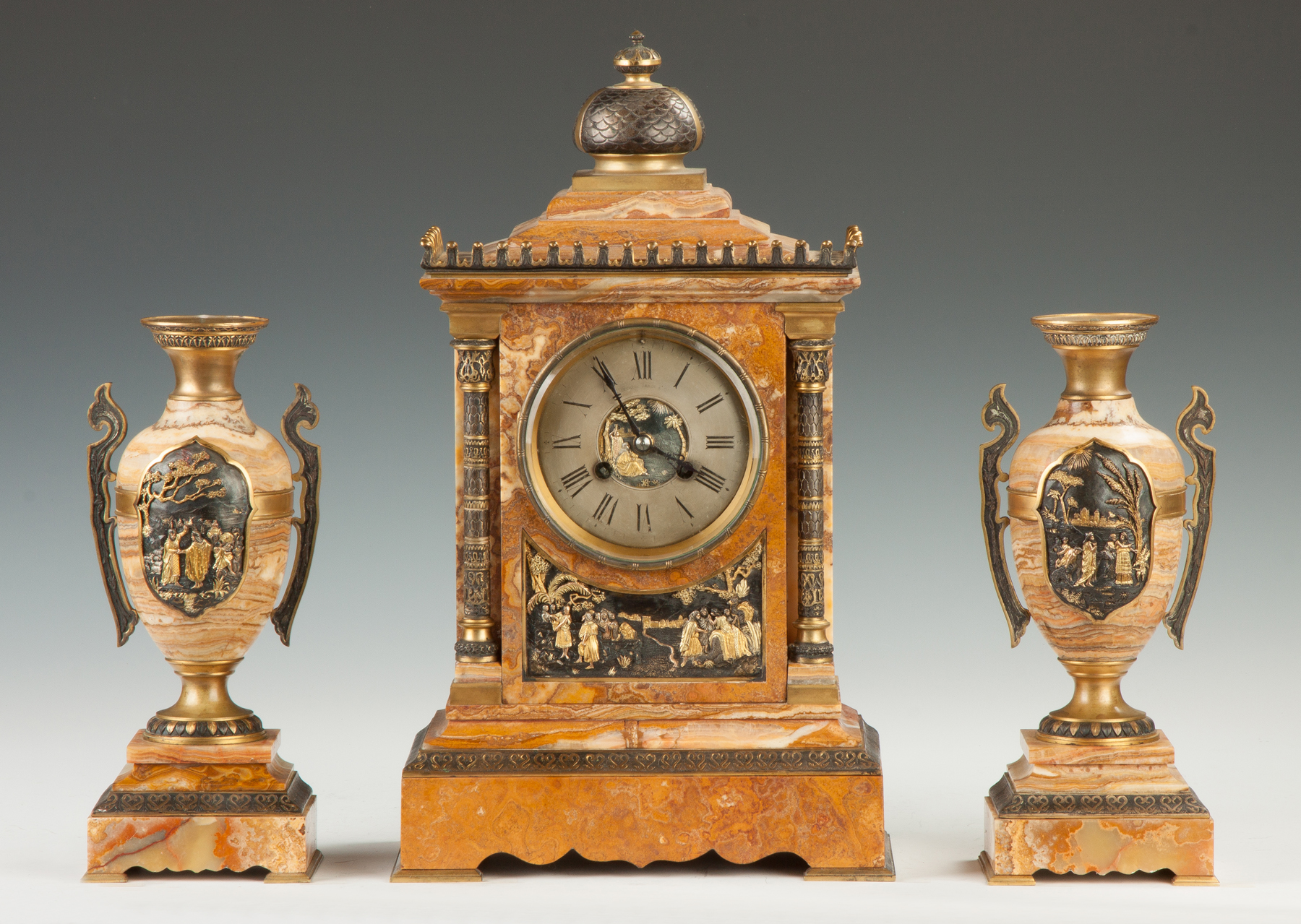 Appraisal: Achille Brocot French Mixed Metal Marble -Piece Clock Set with