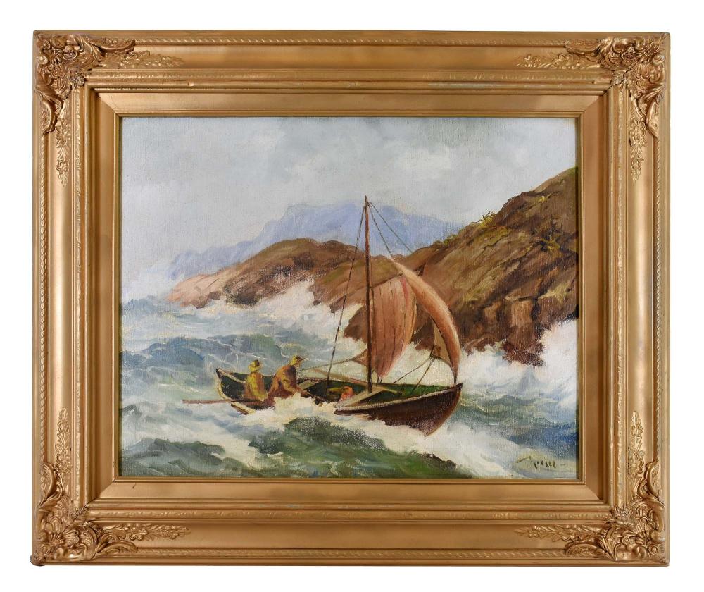 Appraisal: EUROPEAN SCHOOL TH CENTURY PAINTINGFishing Boat in Rough Seas Signed