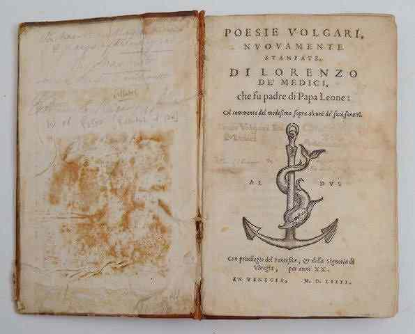 Appraisal: MEDICI Lorenzo Di Poesie Volgari nuovamente stampate Di Lorenzo De