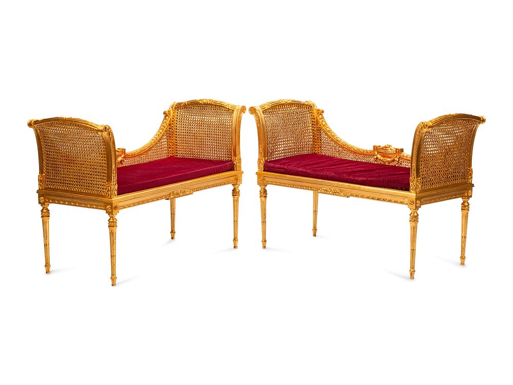 Appraisal: A Pair of Louis XVI Style Giltwood Benches A Pair