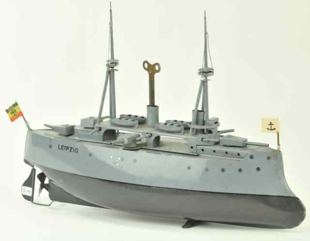 Appraisal: BING ''LEIPZIG'' BATTLESHIP Germany c clockwork powered painted deck grey