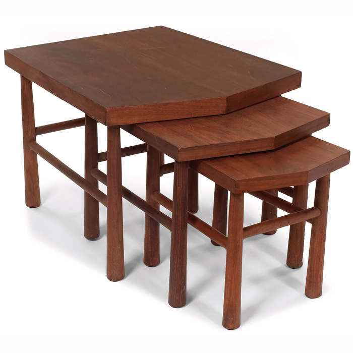 Appraisal: American Modern nesting tables maker unknown five-sided tops in walnut