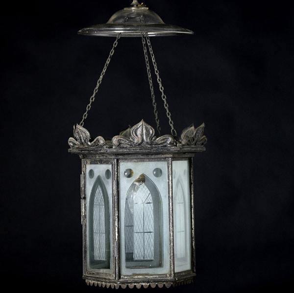 Appraisal: GOTHIC HANGING LIGHT FIXTURE With etched glass panels in a