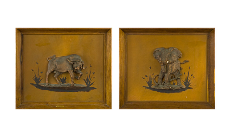 Appraisal: Pair of Animal Reliefs on Copper Ground Deeply Moulded Coppered