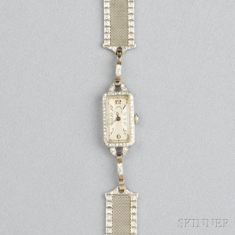 Appraisal: Art Deco Platinum and Diamond Wristwatch the white metal dial