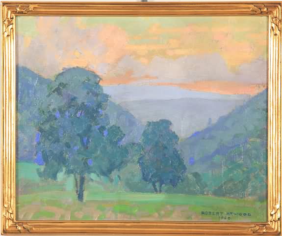 Appraisal: Landscape with two large trees mountains in distance oil on