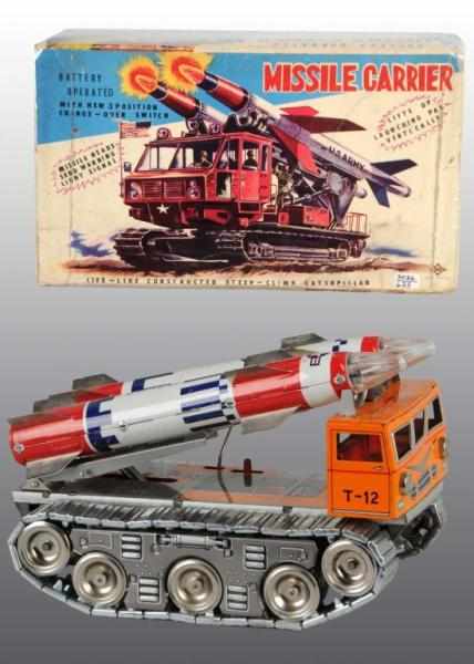 Appraisal: Tin Missile Carrier Vehicle Battery-Operated Toy Description Japanese Working Made