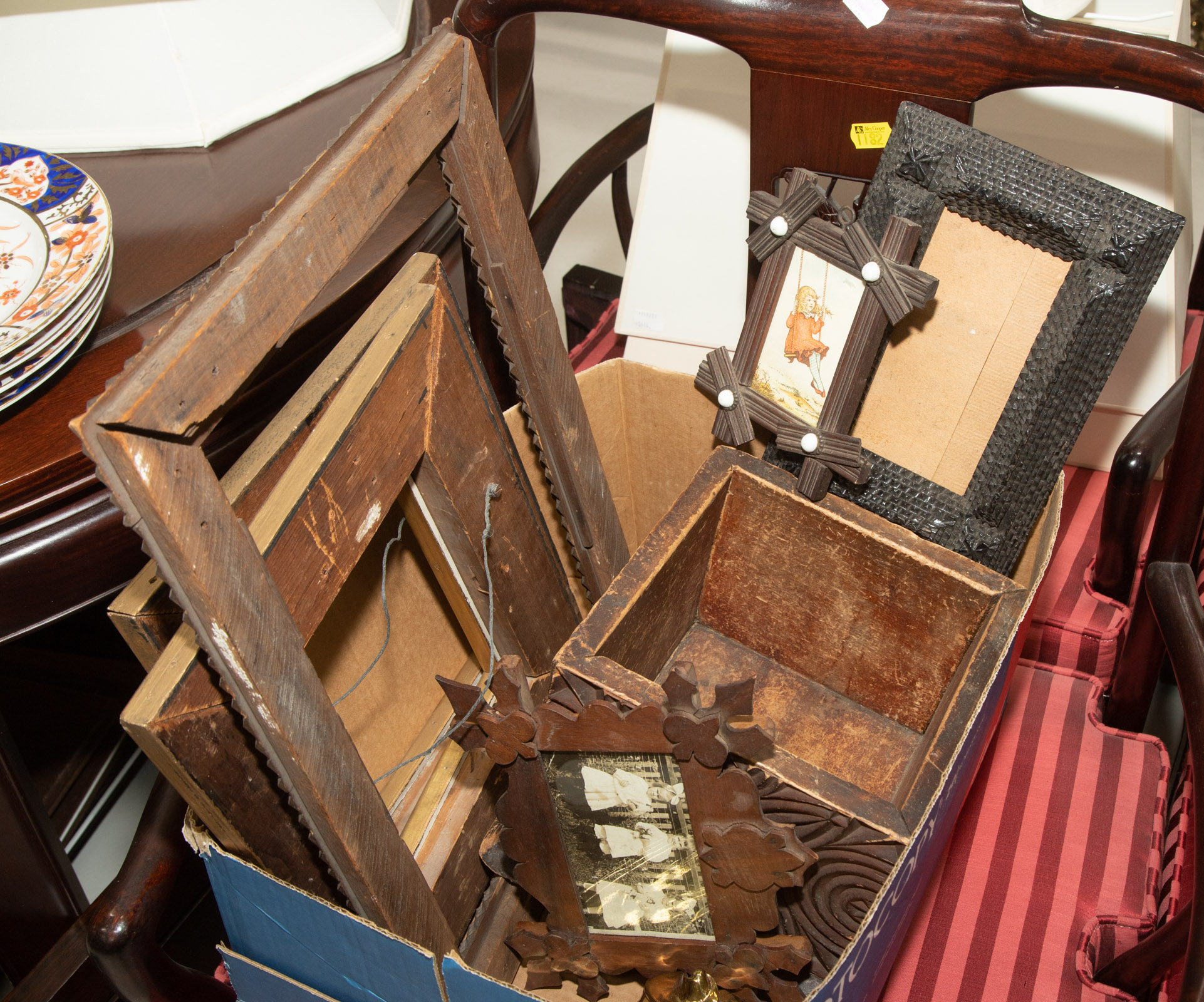 Appraisal: FOLK ART FRAMES TWO VICTORIAN FRAMES BRASS INKWELL