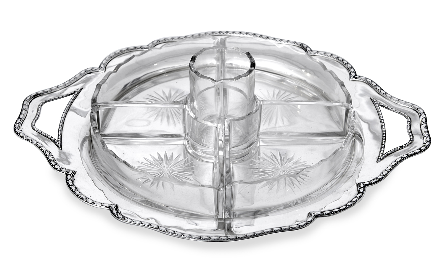 Appraisal: A CONTINENTAL SILVER TRAY WITH FITTED CUT CRYSTAL SECTIONAL DISHES