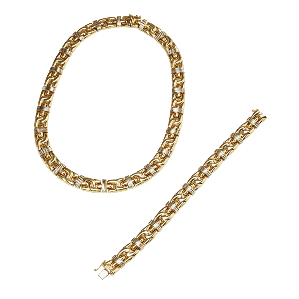 Appraisal: A contemporary ct gold necklace and bracelet composed of curved