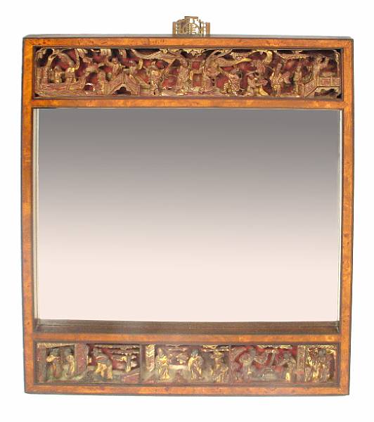 Appraisal: A Chinese burlwood chinoiserie decorated mirror height in width in